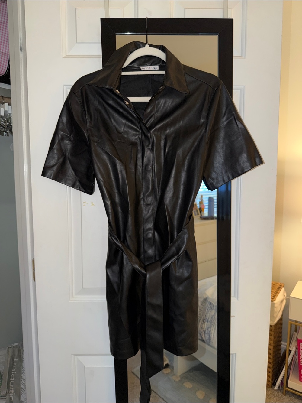 Faux Leather Black Mini Shirt Dress with Belt